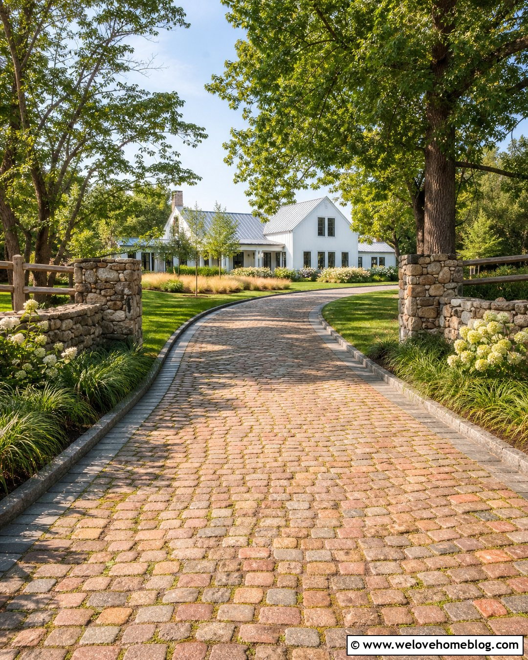 Red Cobblestone Grass Farmhouse Driveway - 20 cobblestone grass driveway ideas