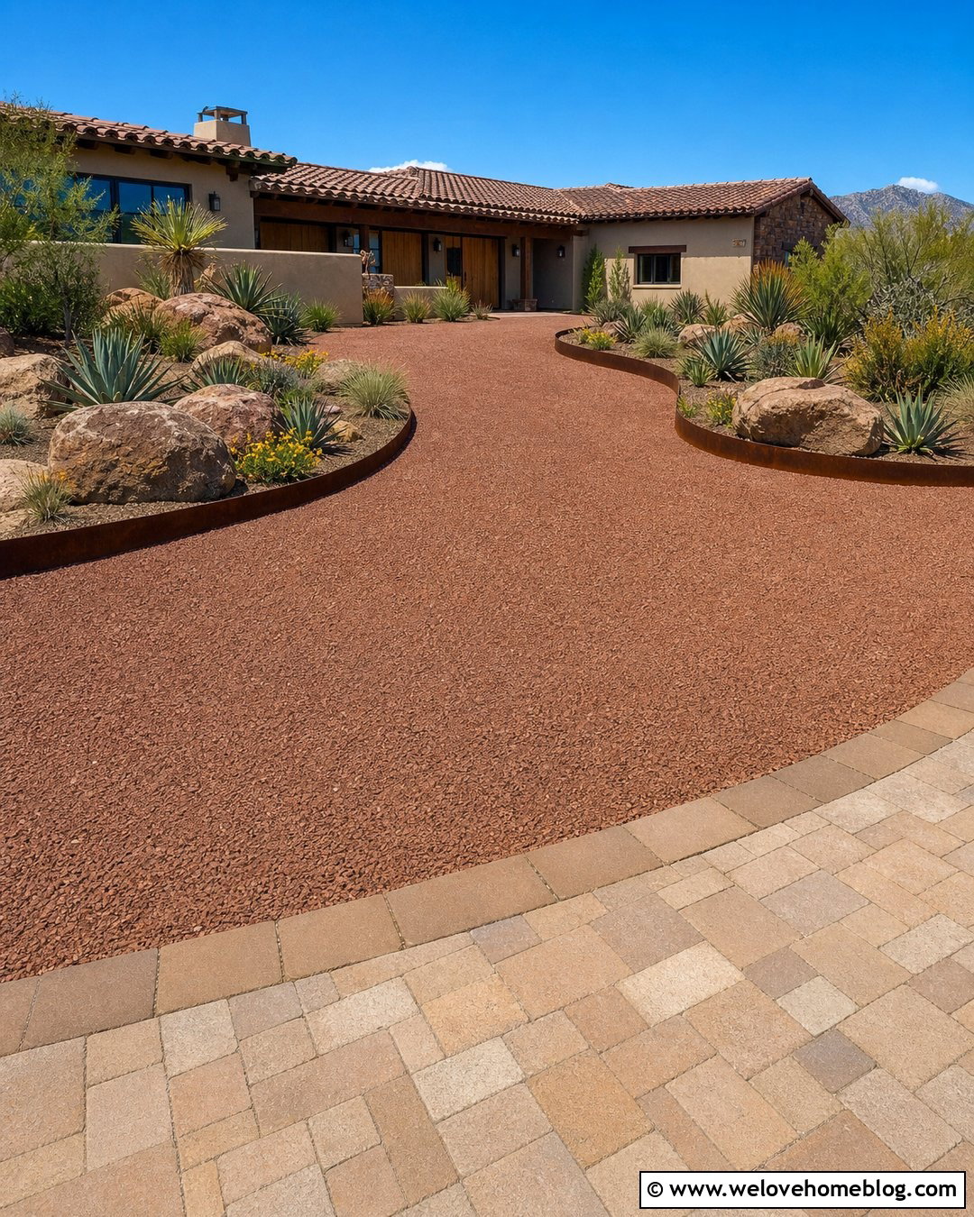 Red Crushed Stone Driveway With Desert Landscaping - 25 Crushed Stone Driveway Ideas