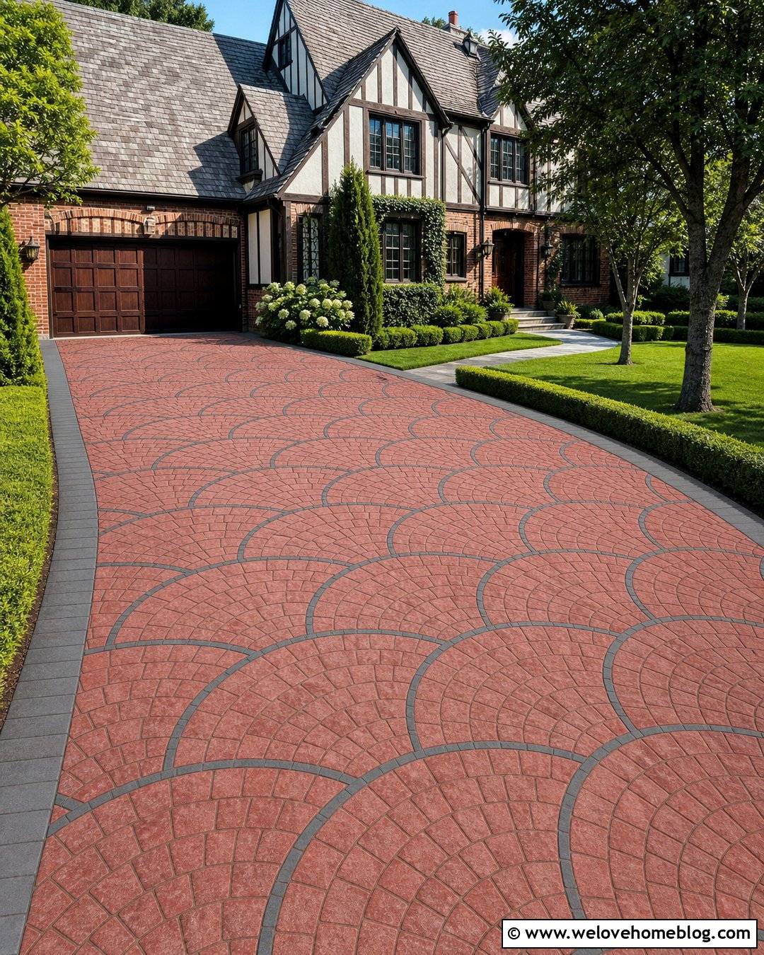 Red European Fan Driveway With Gray Border - 20 Red And Gray Driveway Pattern Ideas