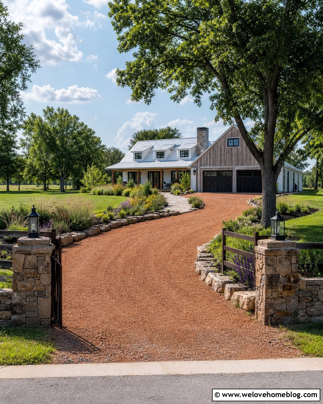 Red Gravel Driveway With Farmhouse Borders - 20 Loose Stone Driveway Ideas