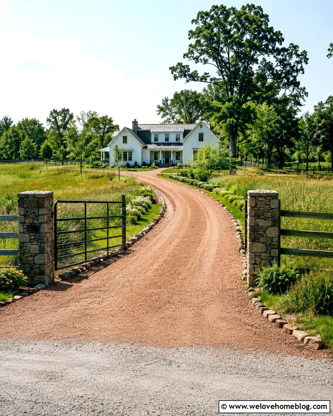 Red Gravel Driveway With Farmhouse Gate - 20 Red Gravel Driveway Ideas
