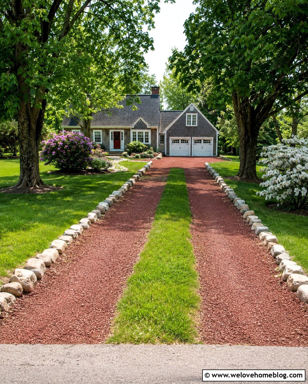 Red Gravel Driveway With Grass Center Strip