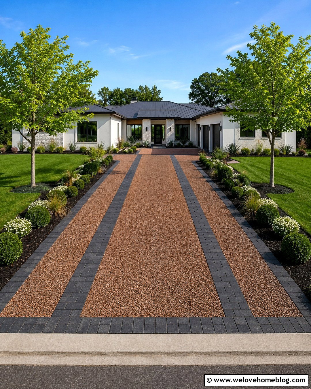 Red Gravel Driveway With Paver Ribbons - 20 Red Gravel Driveway Ideas