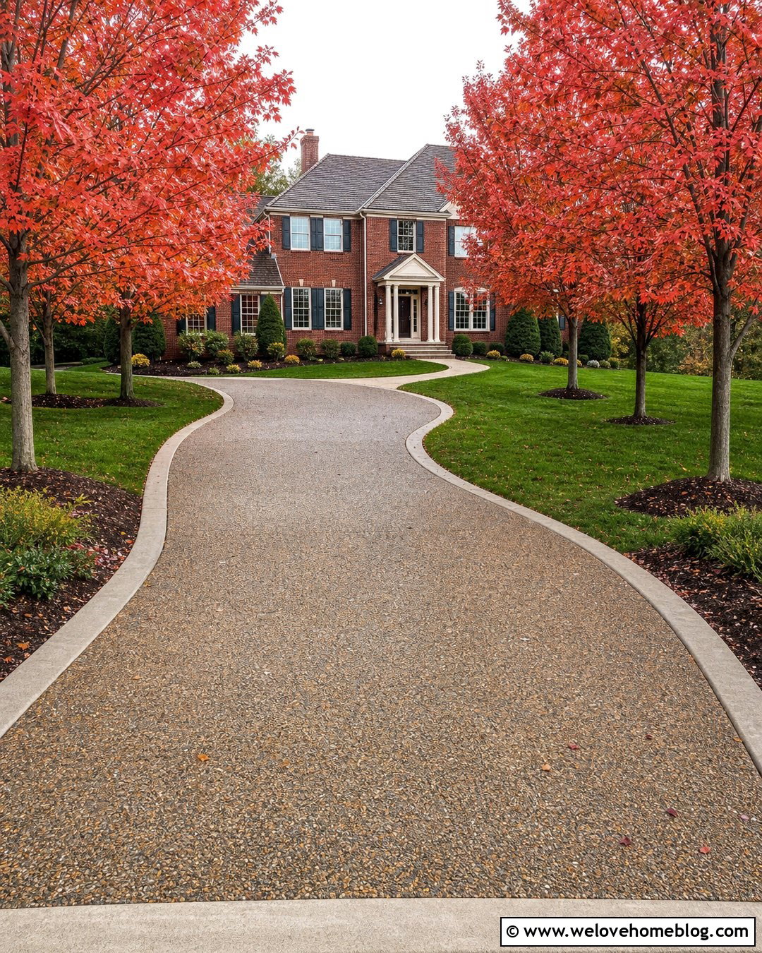 Red Maple Exposed Aggregate Driveway - 20 trees to line driveway front yards ideas
