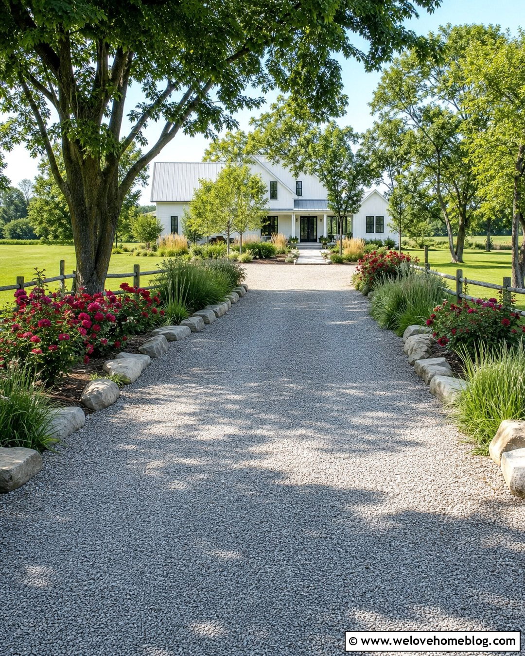 Red Roses Along A Farmhouse Gravel Driveway - 20 Roses Along Driveway Ideas