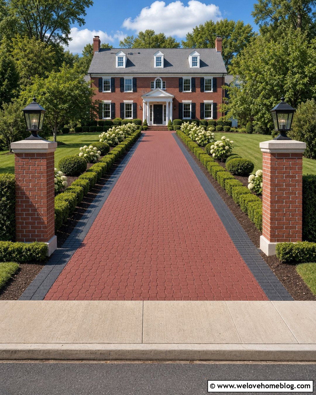 Red Rubber Paving Driveway With Colonial Landscaping - 20 Rubber Paving Driveway Ideas