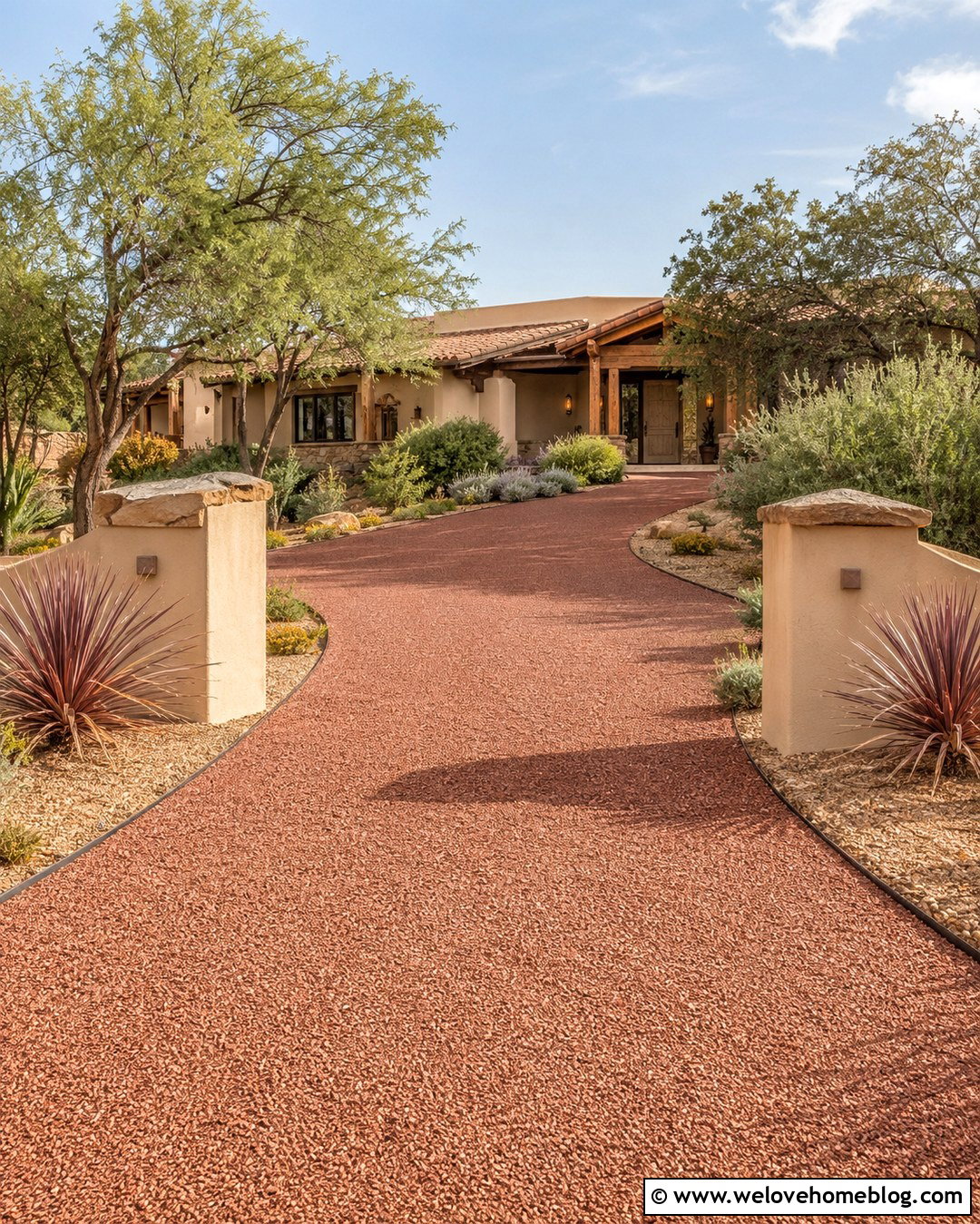 Red Sand Driveway With Adobe Style Walls - 20 Sand Driveway Ideas