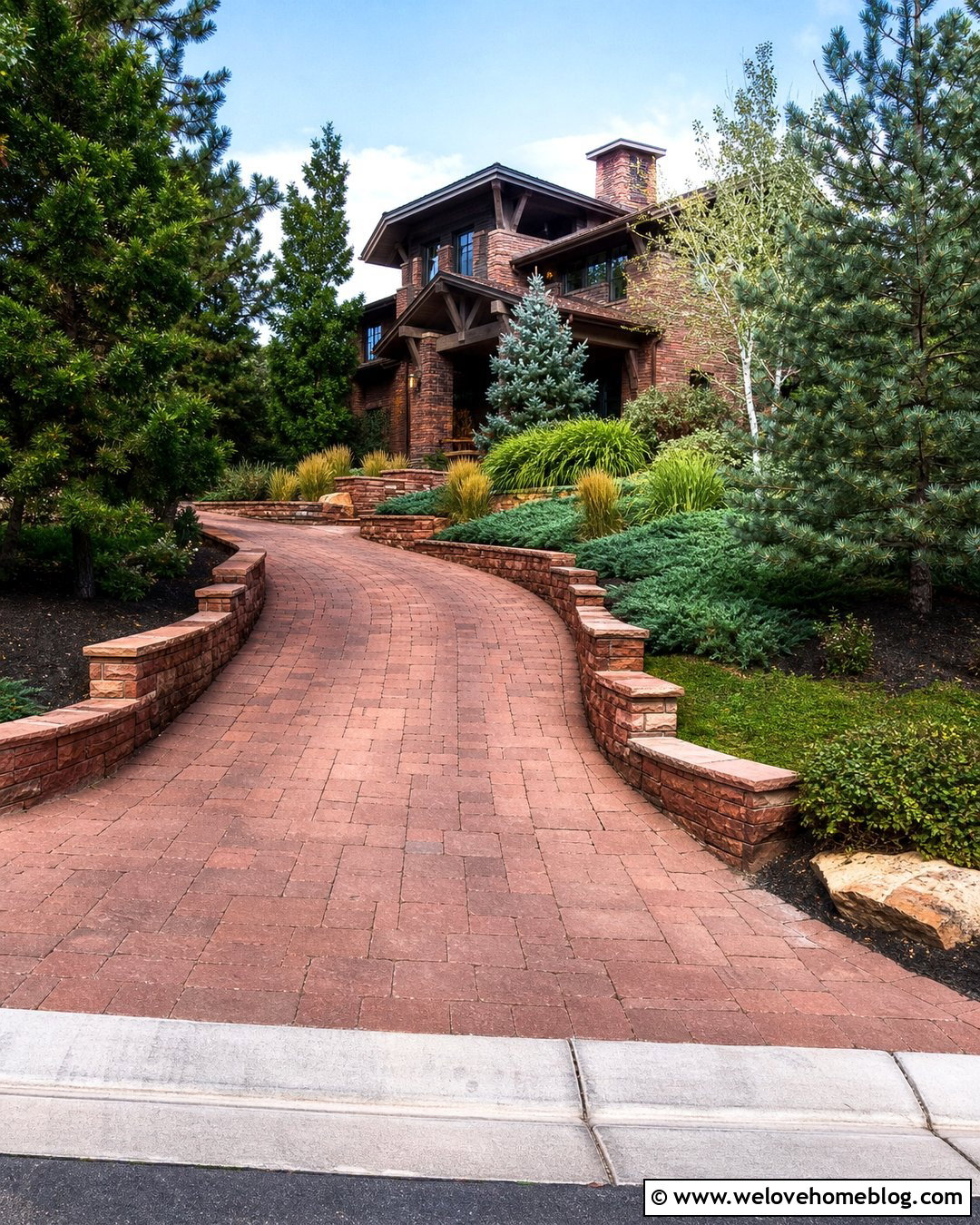 Red Sandstone Paver Driveway With Stone Walls - 20 stone paver driveway ideas