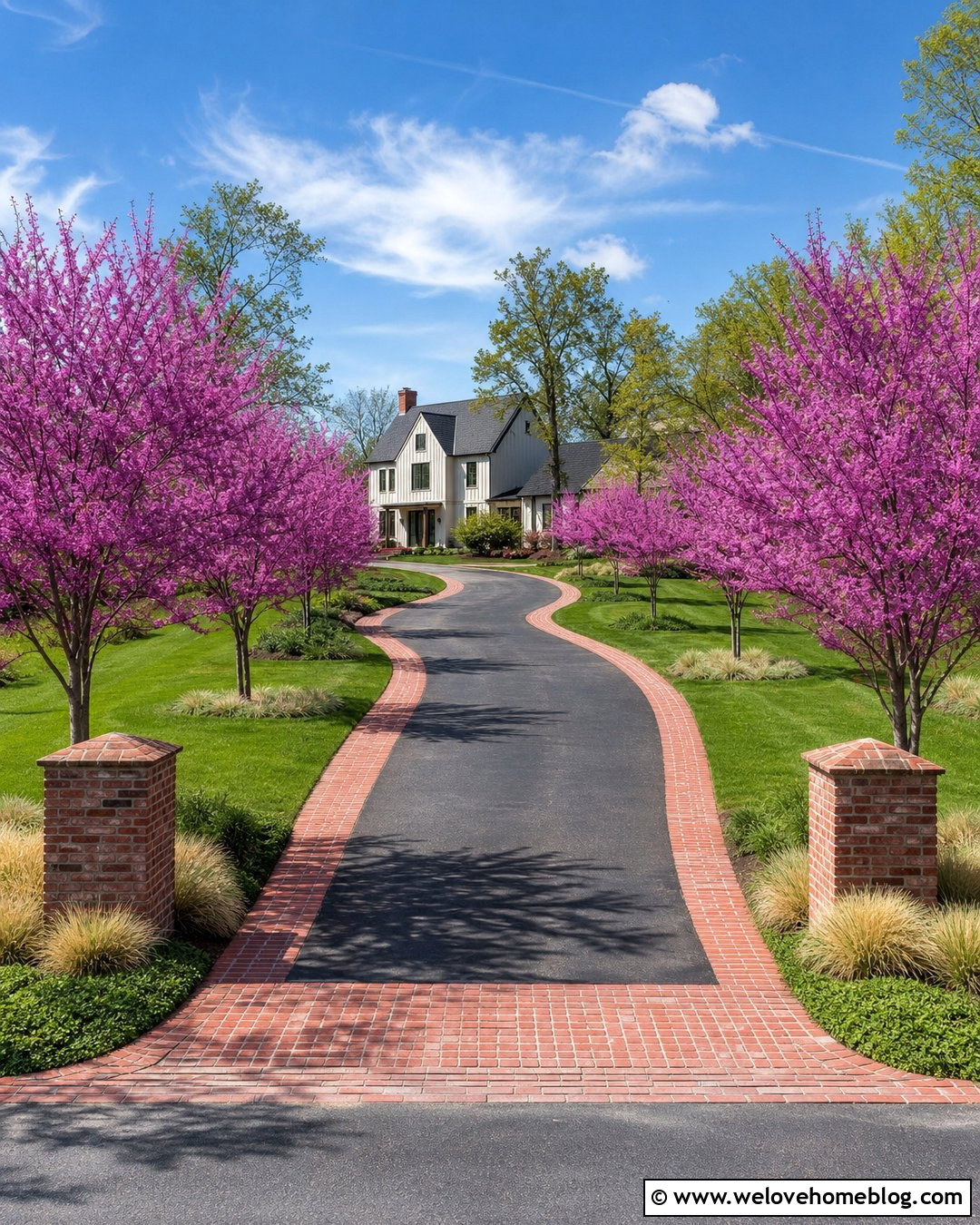 Redbud Tree Lined Asphalt Driveway - 25 Long Tree Lined Driveway Ideas