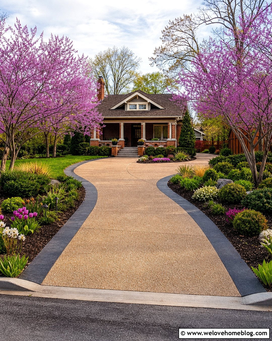 Redbud Tree Lined Exposed Aggregate Driveway - 40 Tree Lined Driveway Ideas