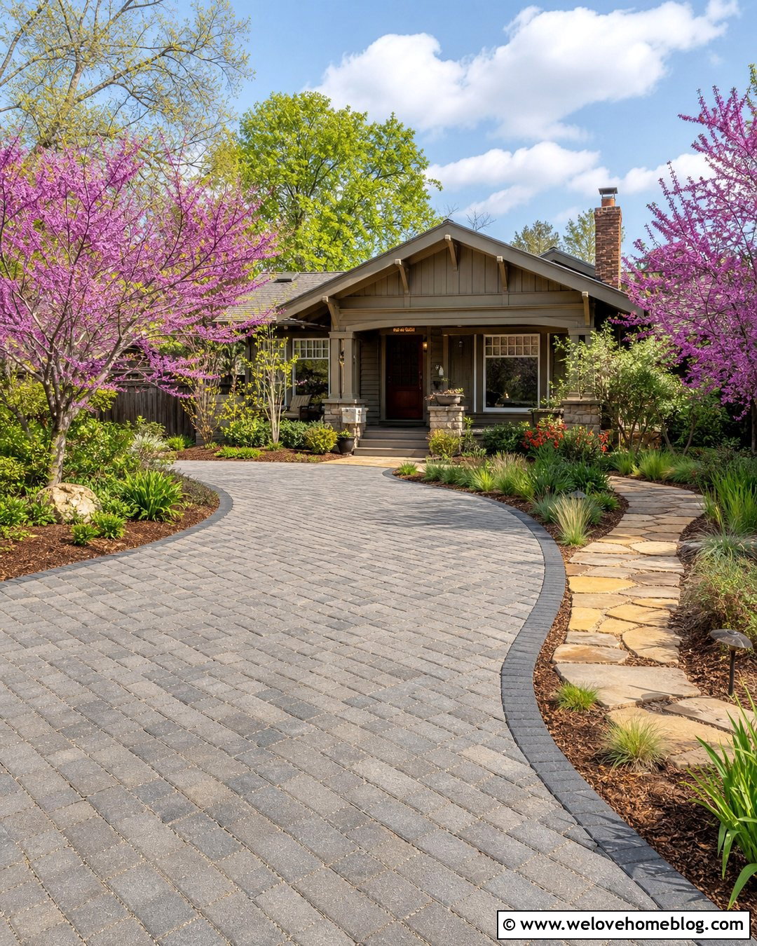 Redbud Tree Lined Permeable Paver Driveway - 20 tree-lined driveway design ideas