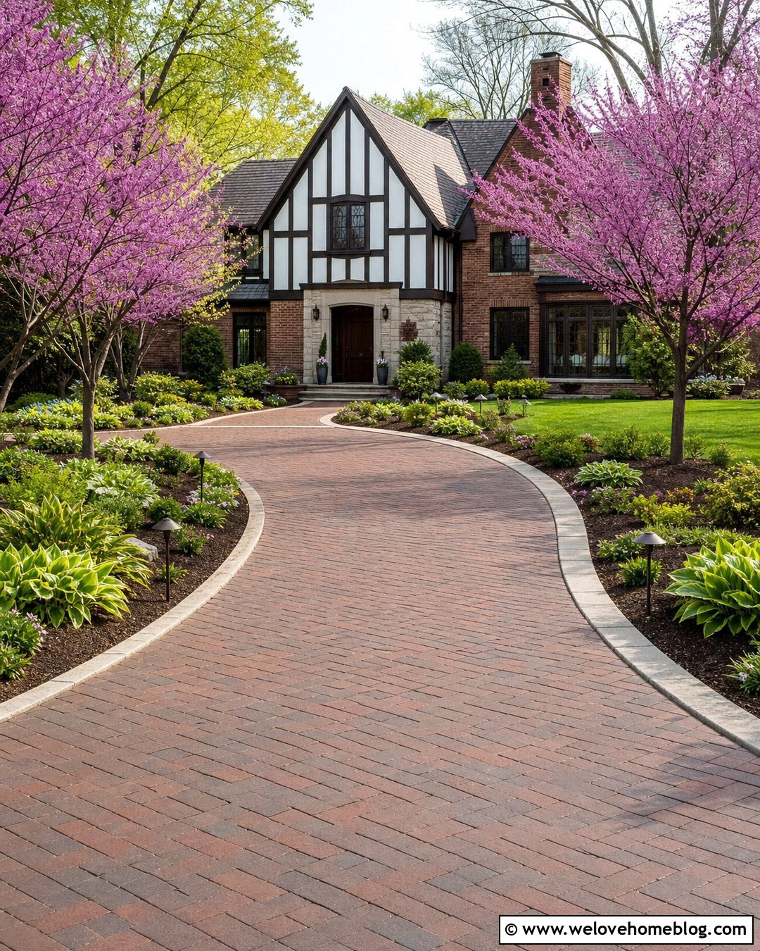 Redbud Trees Along A Brick Driveway - 30 driveway trees ideas
