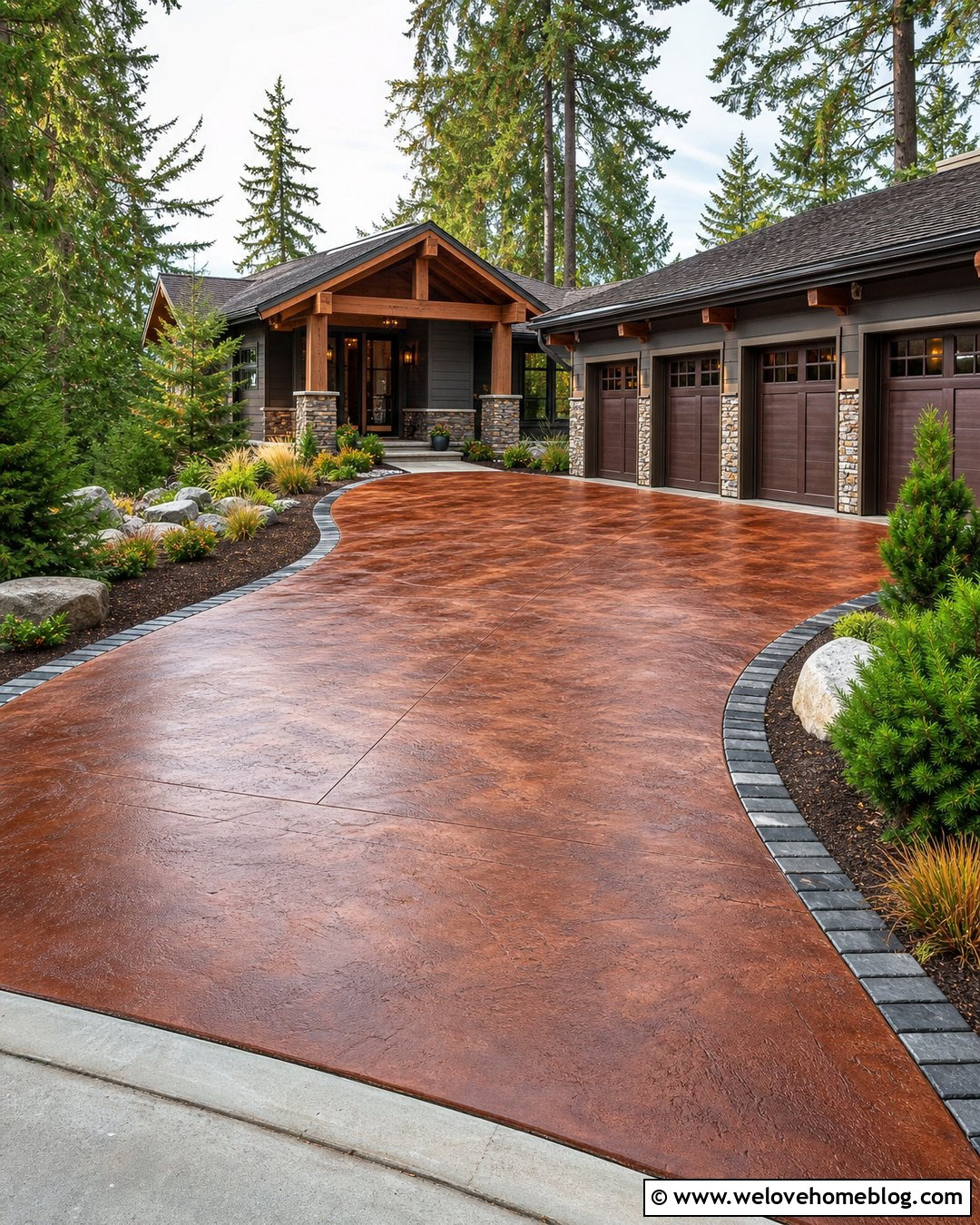 Redwood Stained Concrete Driveway With Timber Details - 20 Staining Concrete Driveway Ideas