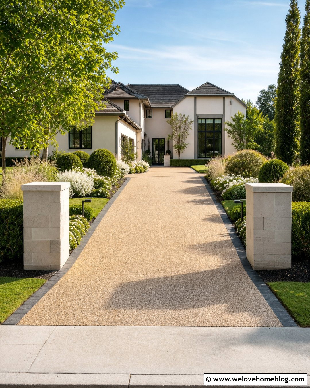 Resin Bound Driveway Entrance With Low Hedges - 20 landscaped driveway entrance ideas