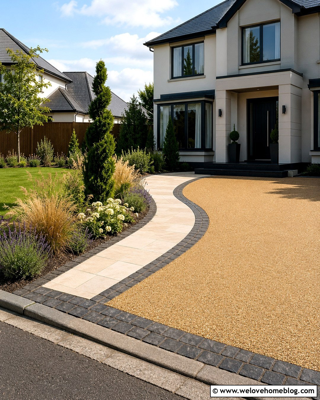 Resin Bound Driveway With A Curved Front Walk - 20 Front Door Driveway Ideas