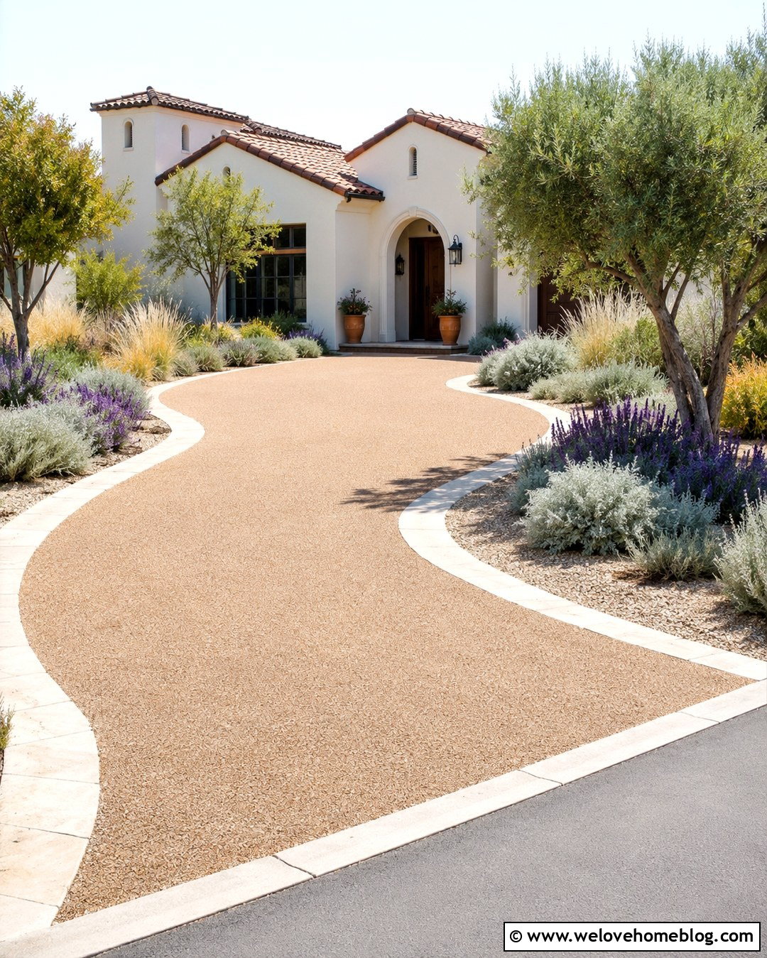 Resin Bound Driveway With Mediterranean Planting - 20 Sunlit Driveway Landscaping Ideas
