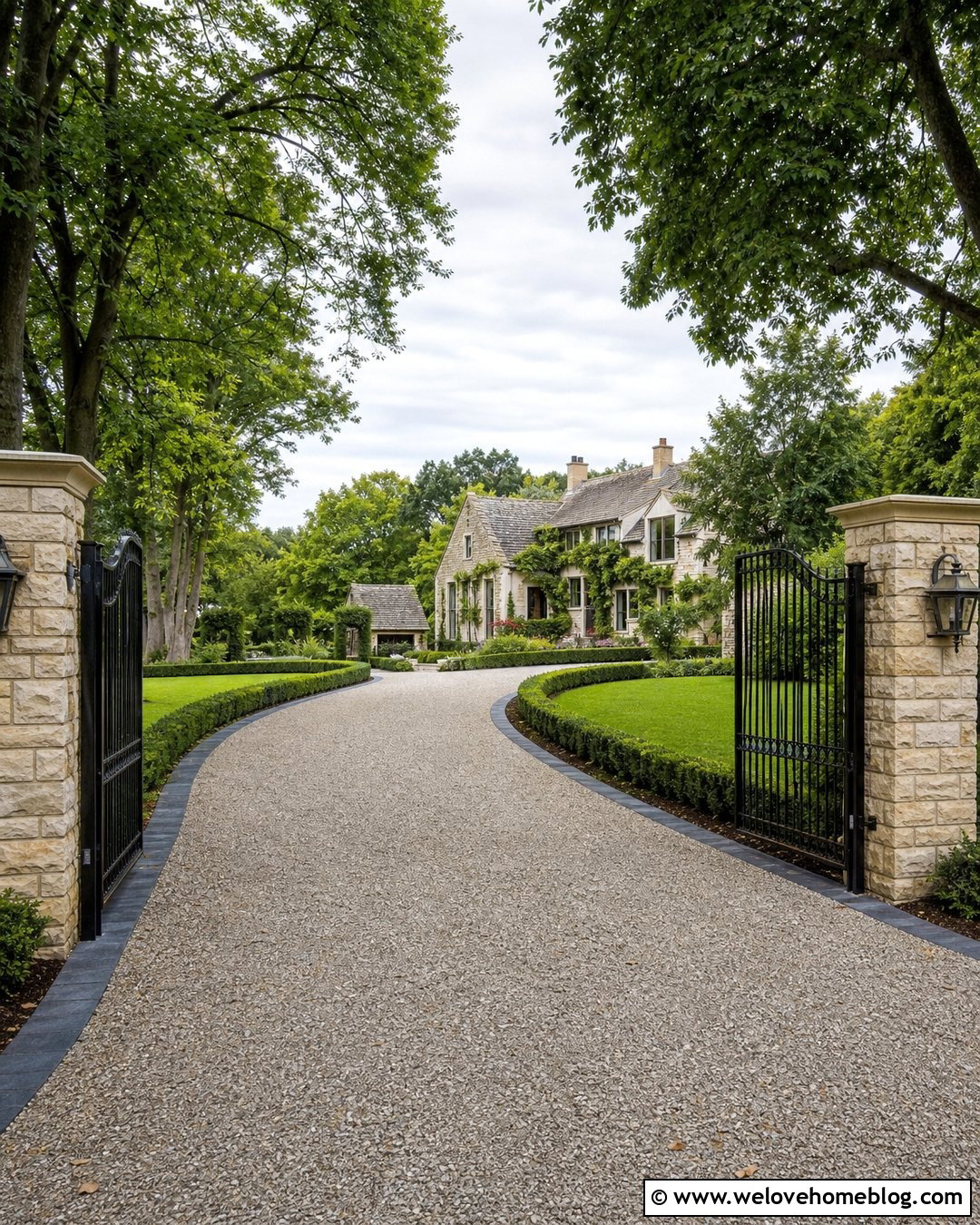 Resin Driveway With Stone Pillars And Gate - 20 Resin Driveway Inspiration Ideas