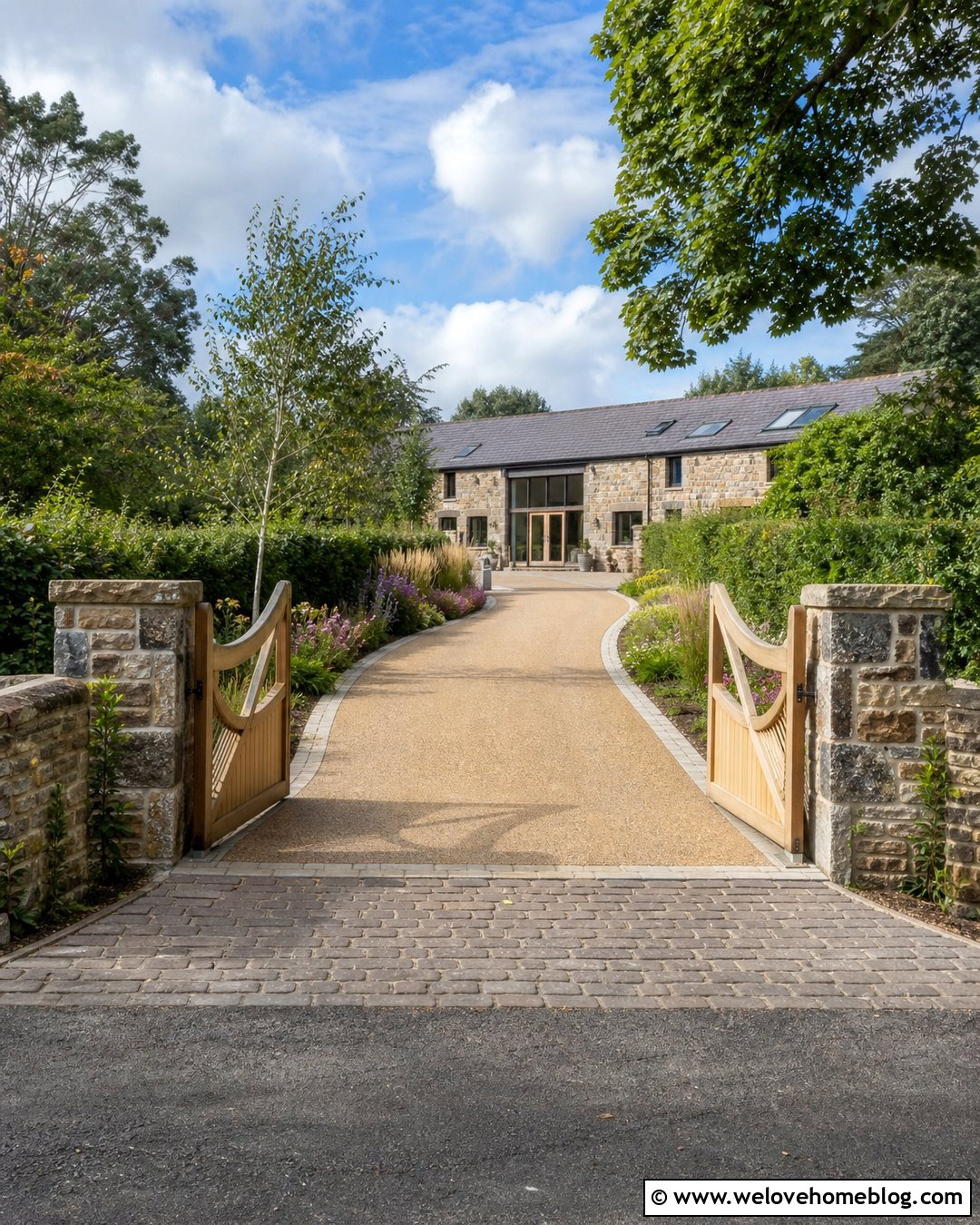 Resin Driveway With Timber Gate And Stone Pillars - 35 Resin Driveway Uk Ideas