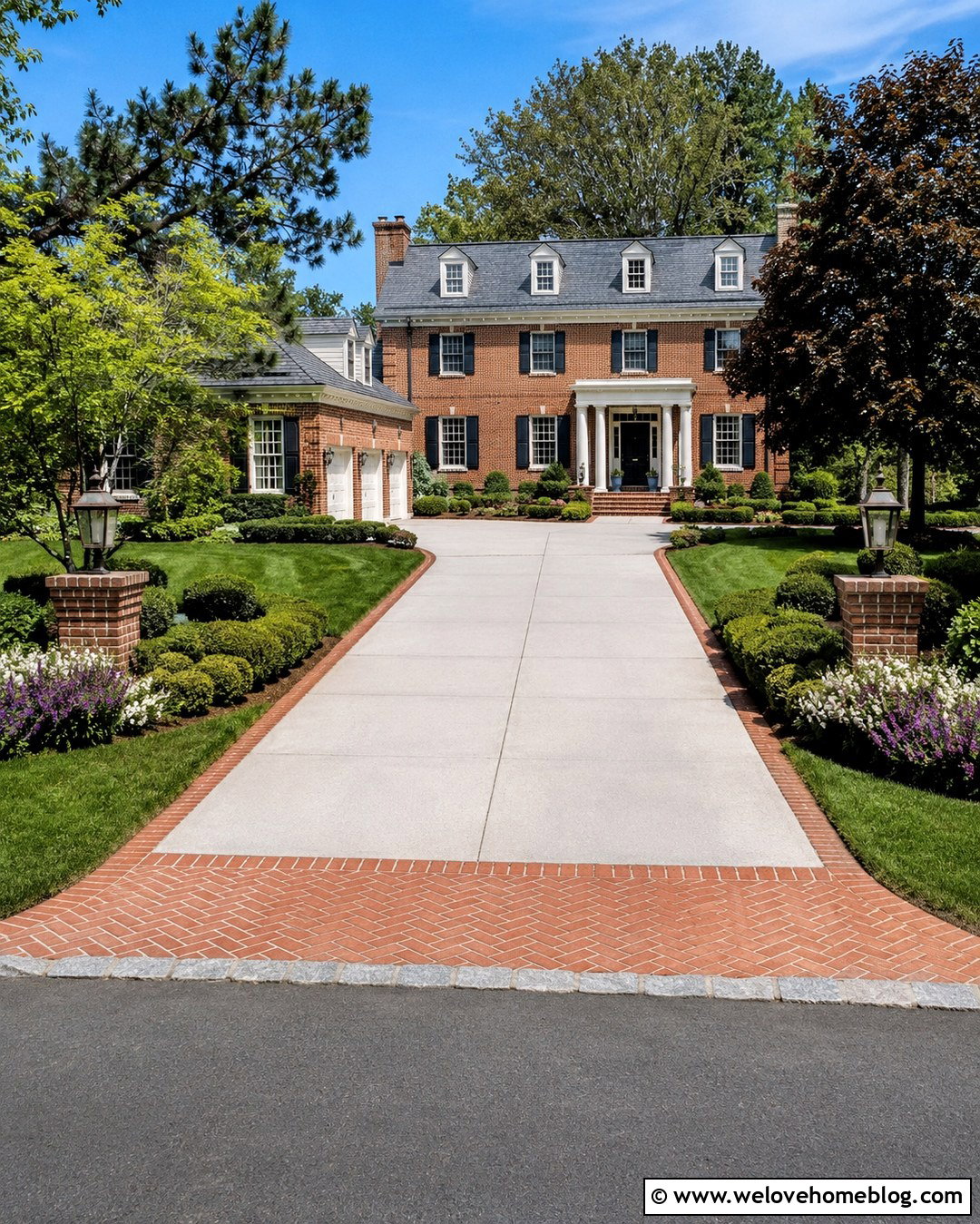 Resurfaced Concrete Driveway With Brick Ribbons - 20 Driveway Makeover Inspiration Ideas
