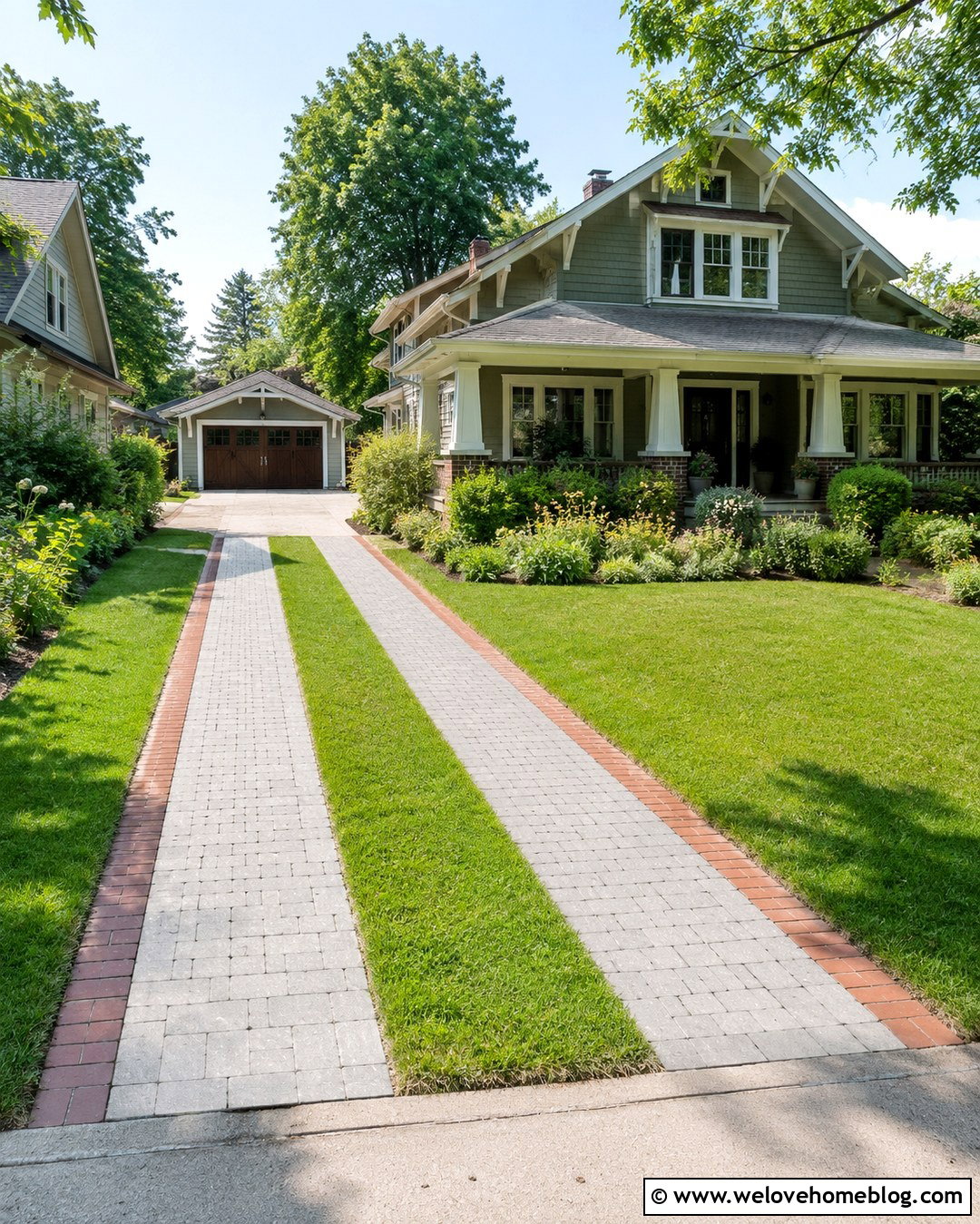 Ribbon Driveway With Green Center - 20 Summer Driveway View Ideas