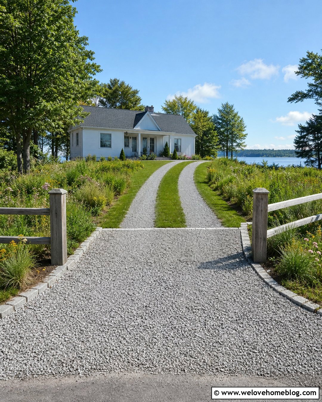 Ribbon Lake House Driveway Entrance With Grass Center - 20 Lake House Driveway Entrance Ideas