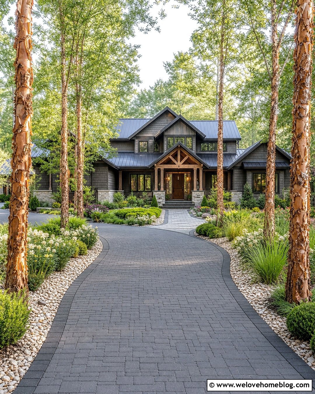River Birch Trees Along A Permeable Paver Driveway - 25 best trees to line a long driveway ideas
