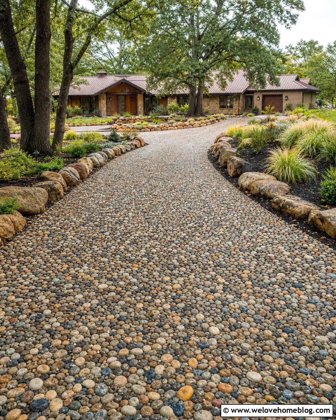 River Pebble Driveway With Boulder Borders - 20 pebble rock driveway ideas