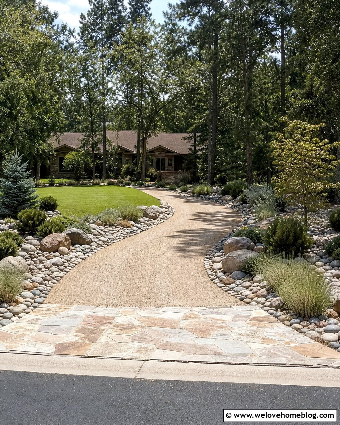 River Rock Border With Pea Gravel Driveway - 20 Stone Driveway Border Ideas
