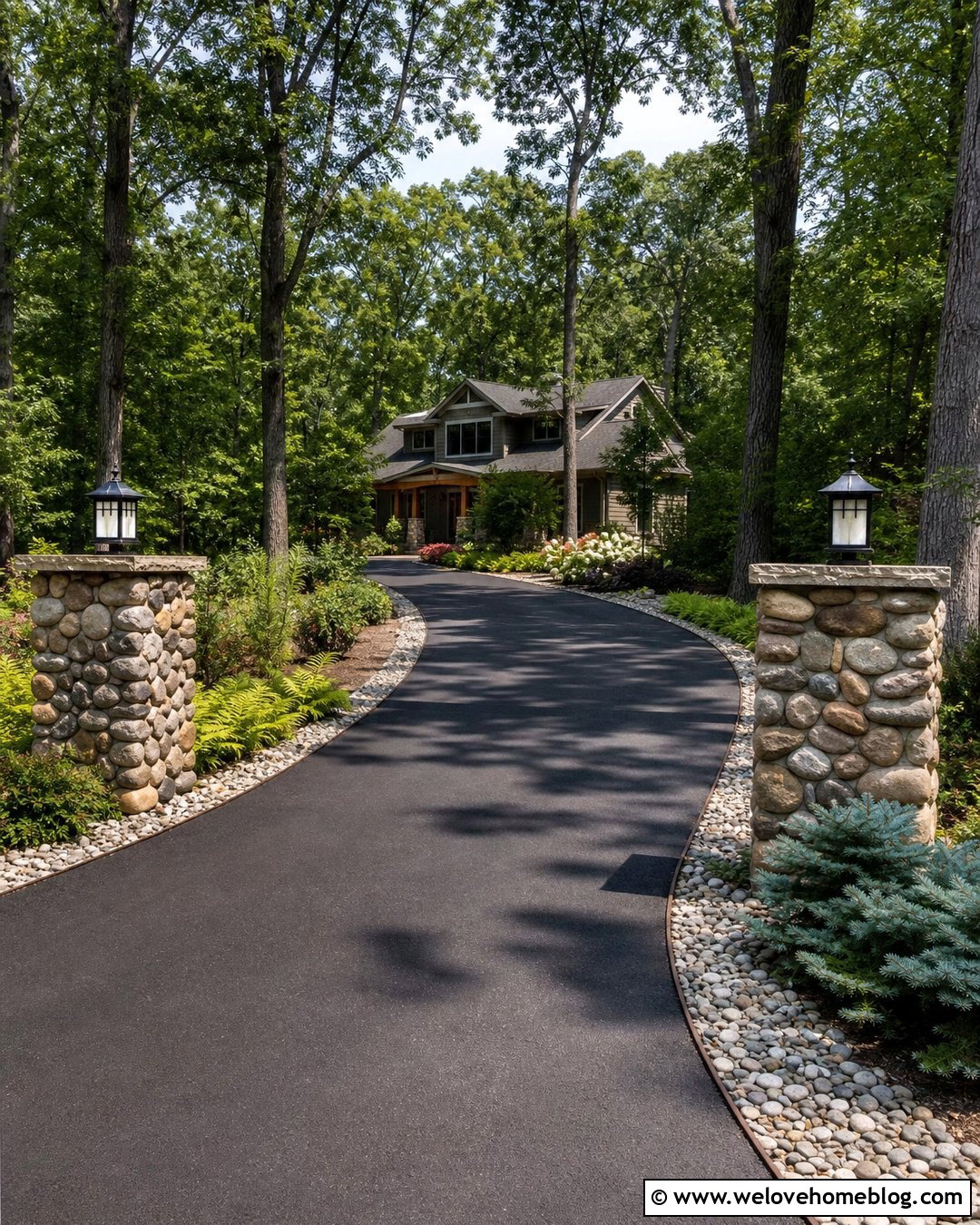 River Rock Driveway Columns With A Curved Asphalt Driveway - 20 stone driveway entrance columns ideas