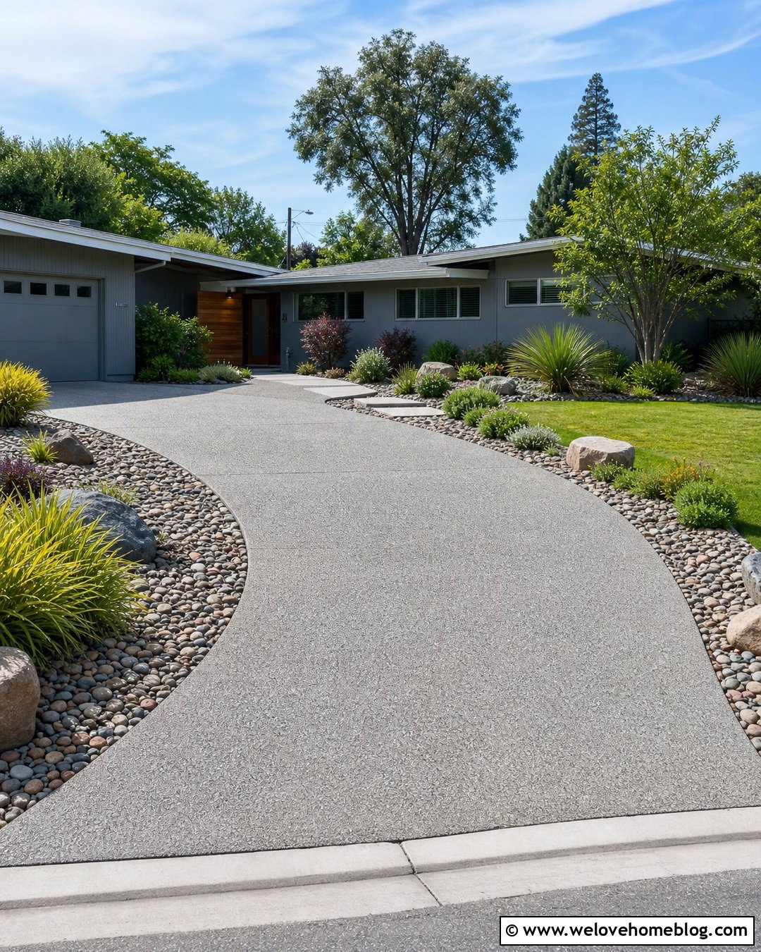 River Rock Driveway Edging With Exposed Aggregate - 20 Natural Stone Driveway Edging Ideas