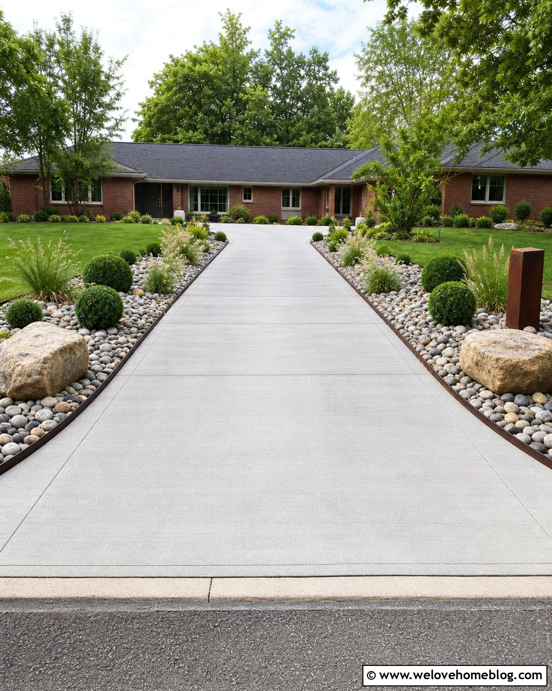River Rock Driveway Entrance With Boxwood Beds - 20 driveway entrance landscaping rocks ideas