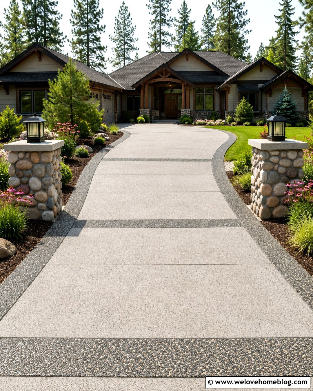 River Rock Driveway Pillars With Concrete Driveway - 20 Stone Driveway Pillars Ideas