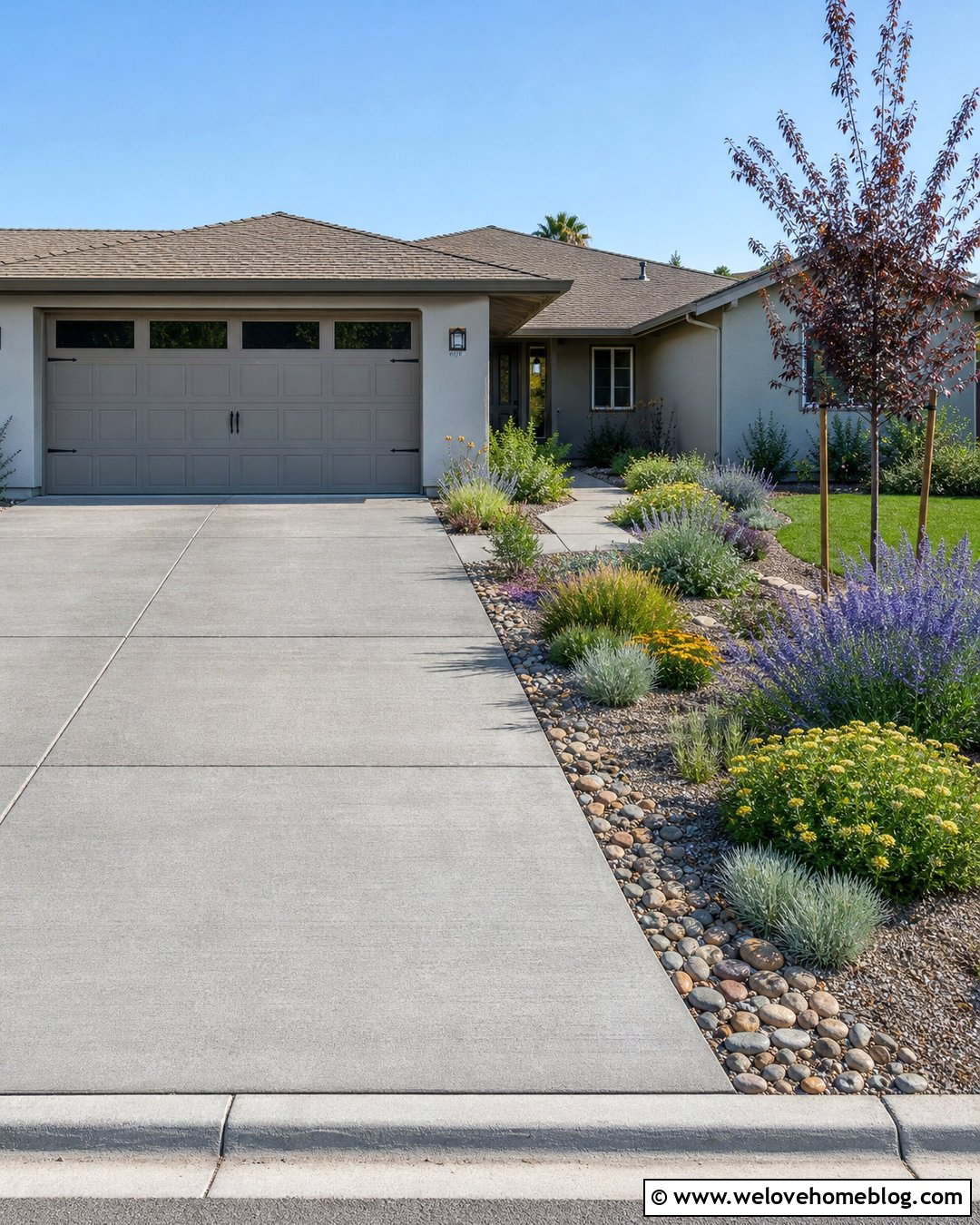 River Rock Flower Bed Edging Along a Concrete Driveway - 20 Driveway Flower Bed Edging Ideas