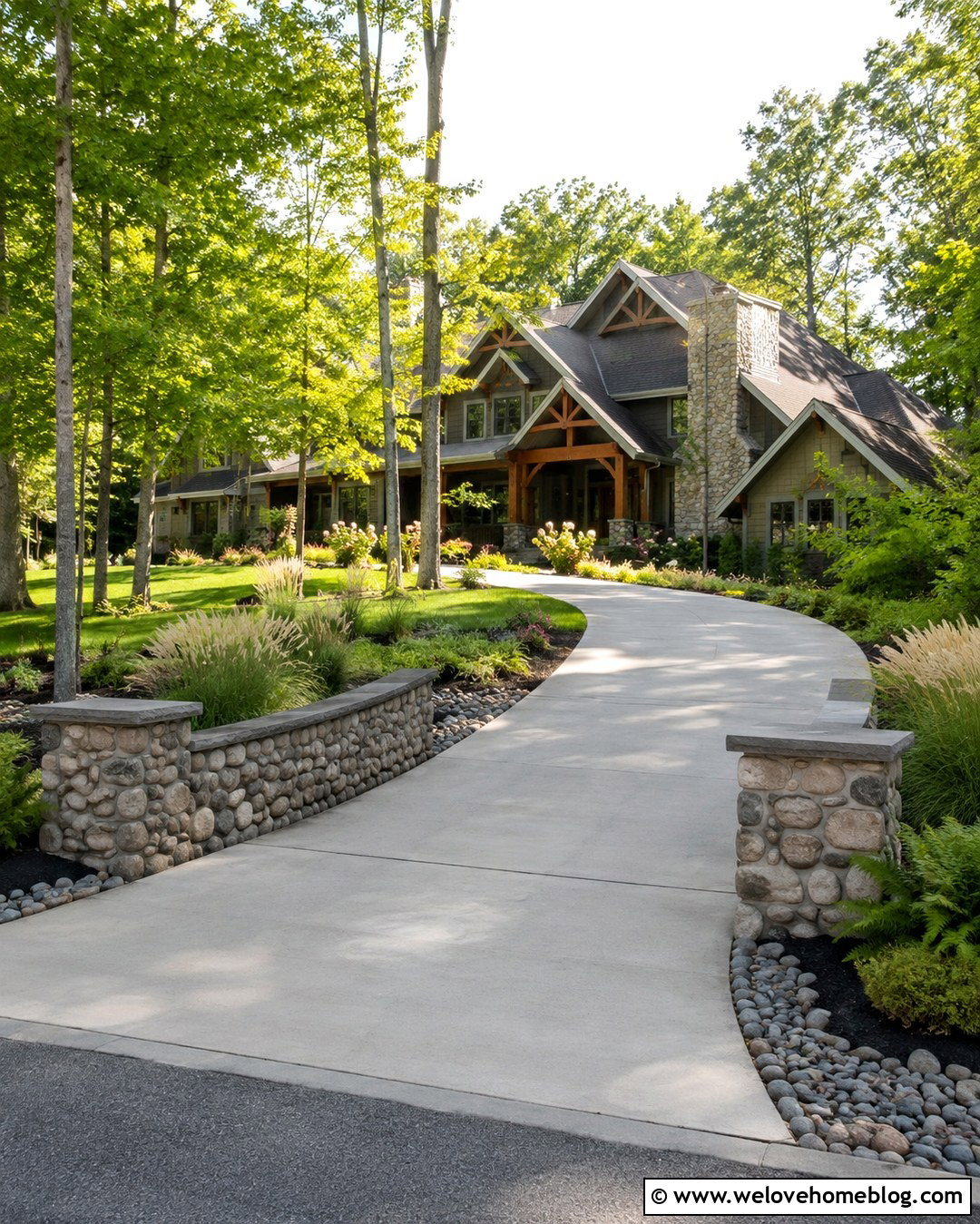 River Rock Wall With Concrete Driveway - 20 Rock Wall Driveway Entrance Ideas