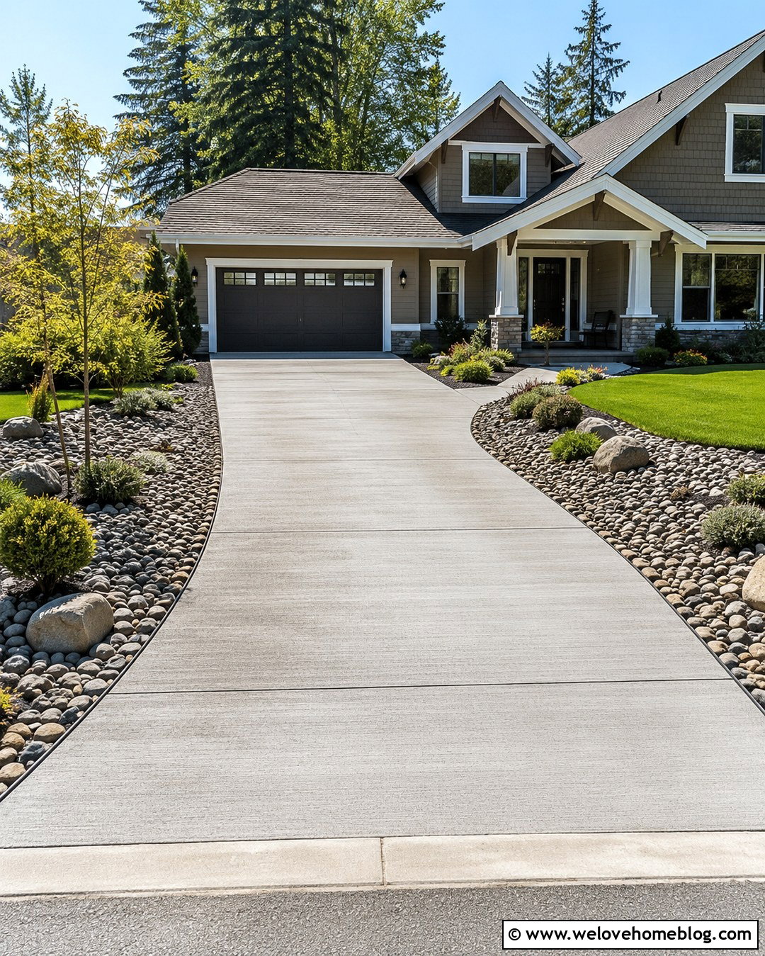 River Rocks Along Concrete Driveway - 20 Rocks Along Driveway Ideas