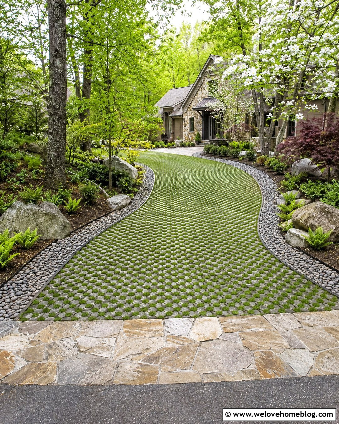 River Stone Border Grass Driveway - 20 grass and stone driveway ideas