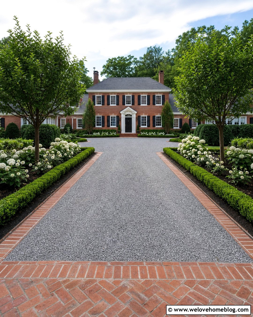 Rock Driveway With Boxwood Landscaping - 35 Rock Driveway Ideas