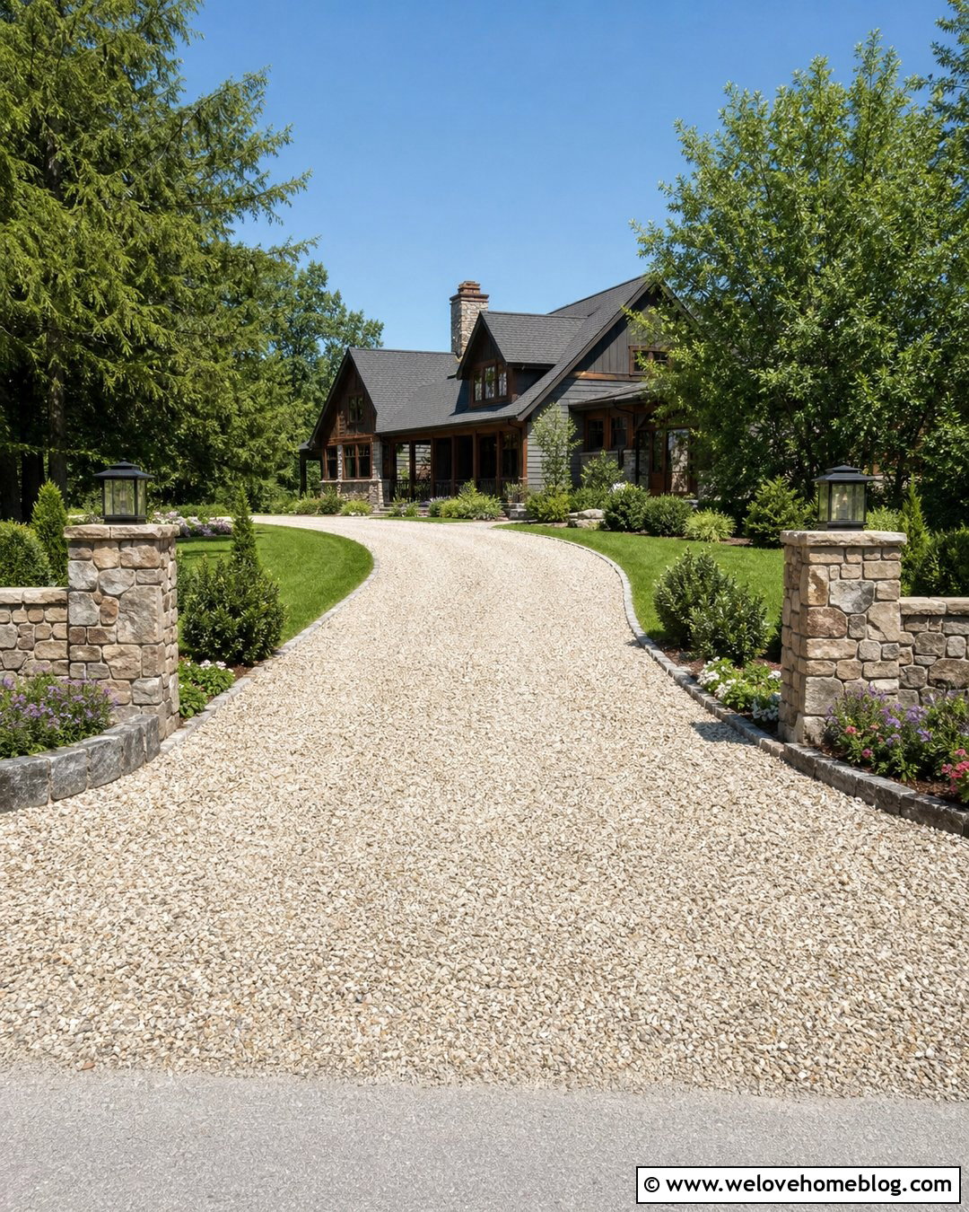 Rock Driveway With Stone Pillar Entrance - 20 rock driveway front yards ideas