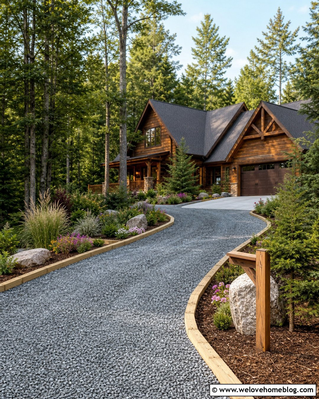 Rock Driveway With Timber Edging - 35 Rock Driveway Ideas