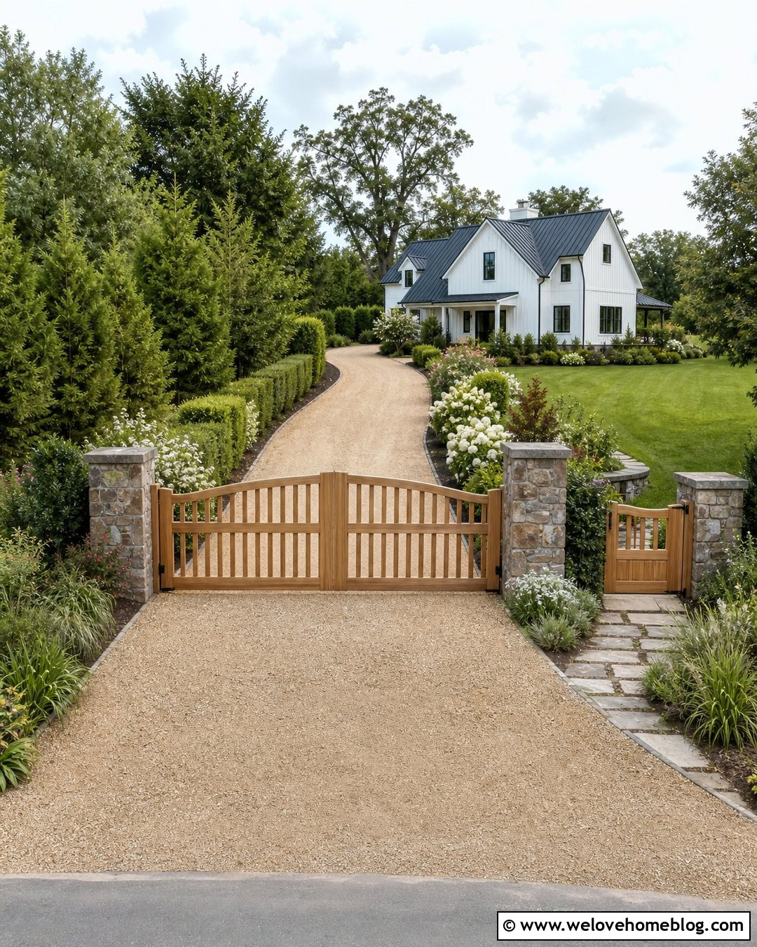 Rock Driveway With Wood Gate and Natural Hedges - 20 rock driveway front yards ideas