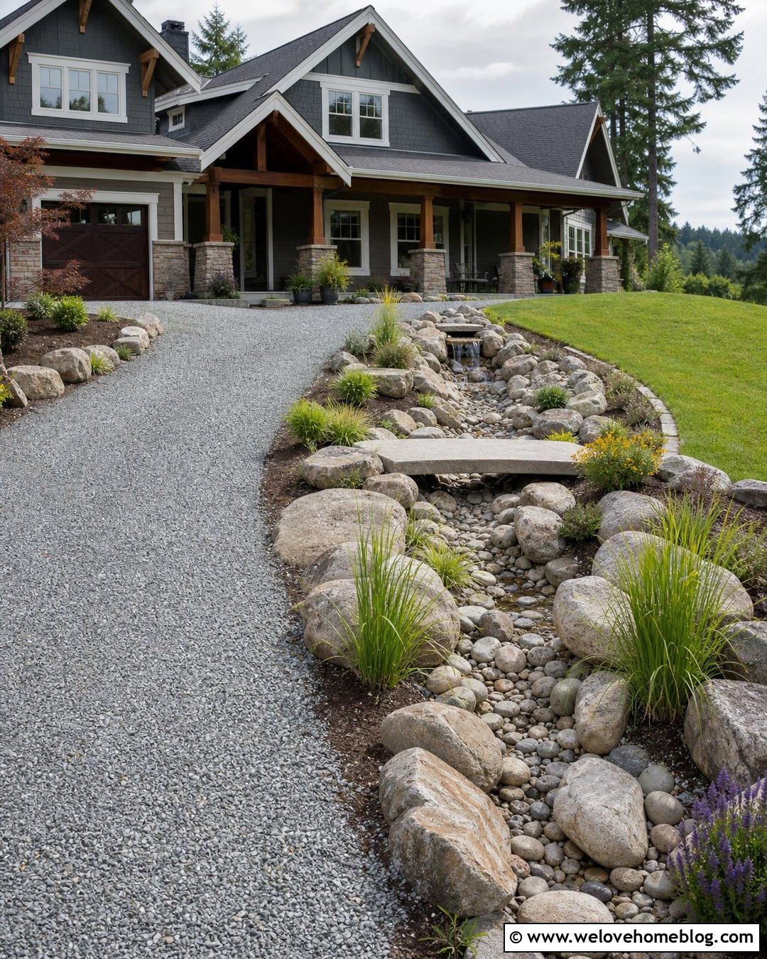 Rock Driveway With a Dry Creek Front Yard - 20 rock driveway front yards ideas