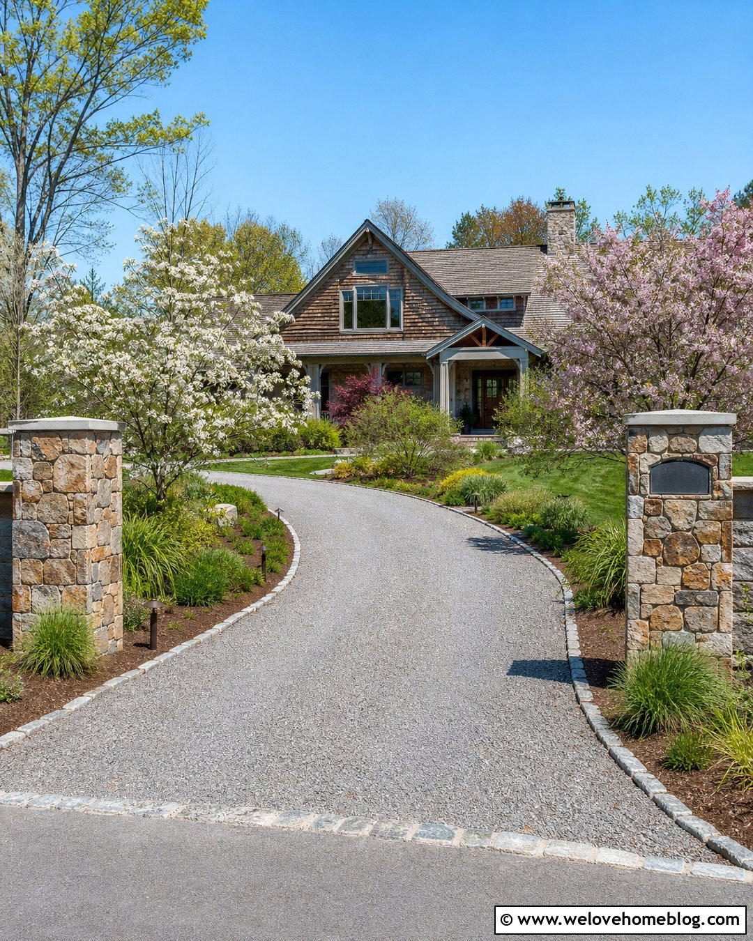 Rock Edging With Stone Entrance Pillars - 25 Rock Driveway Edging Ideas