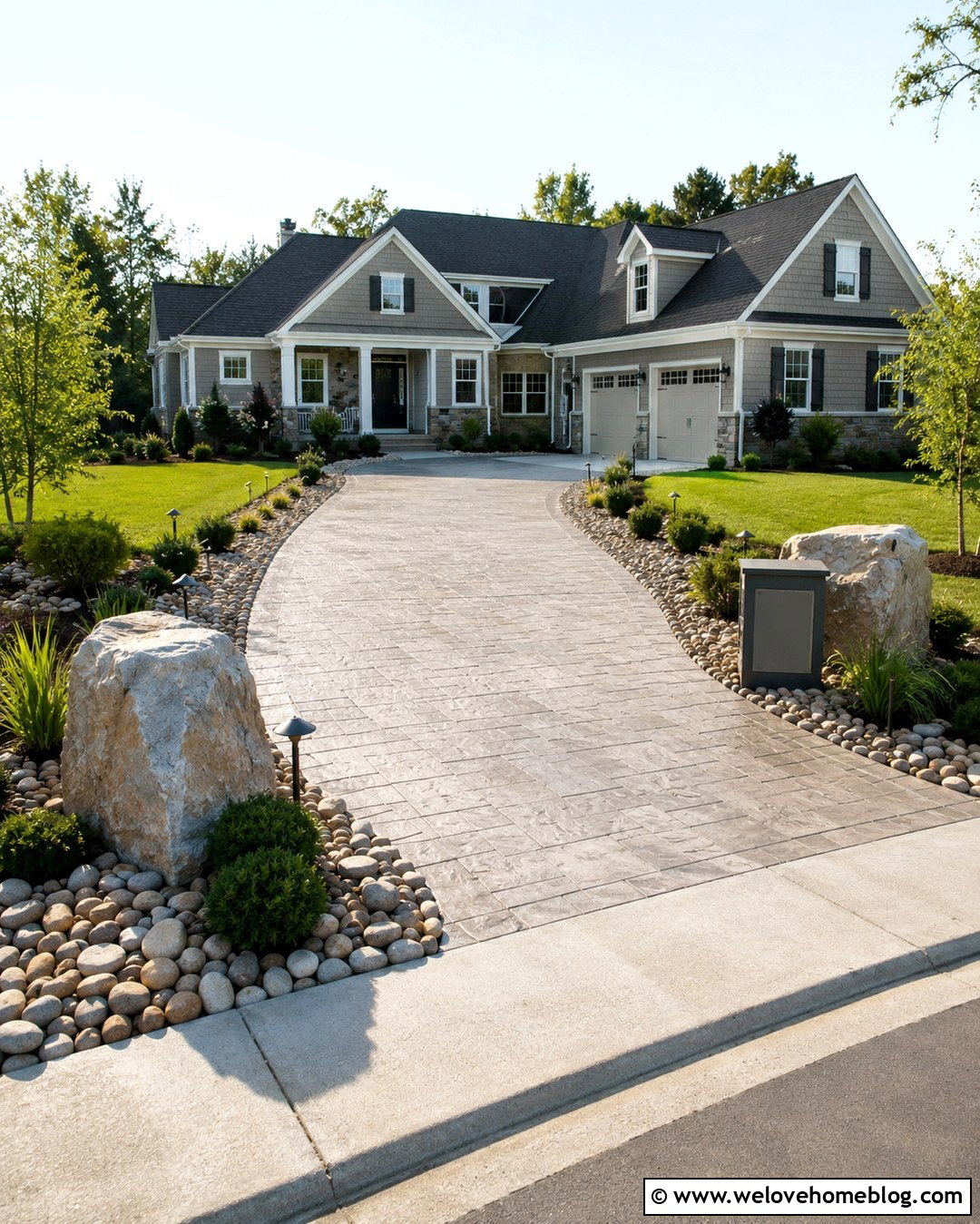 Rock Lined Driveway With Landscape Lighting - 20 Rocks Lining Driveway Ideas