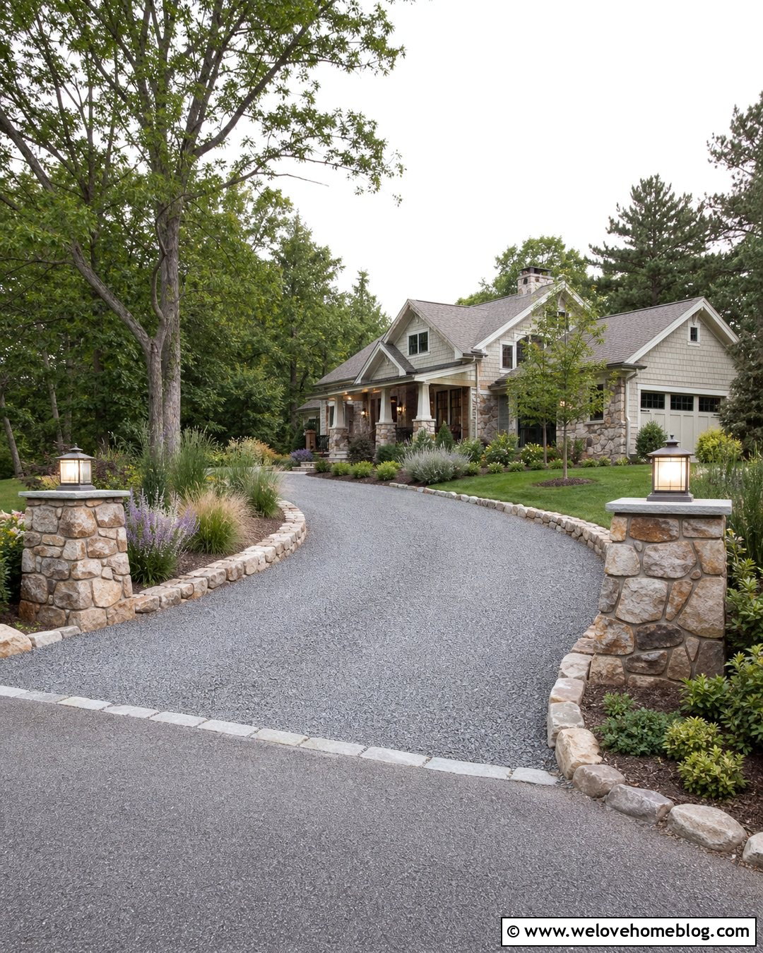 Rock Lined Driveway With Stone Pillars - 25 Rock Lined Driveway Ideas