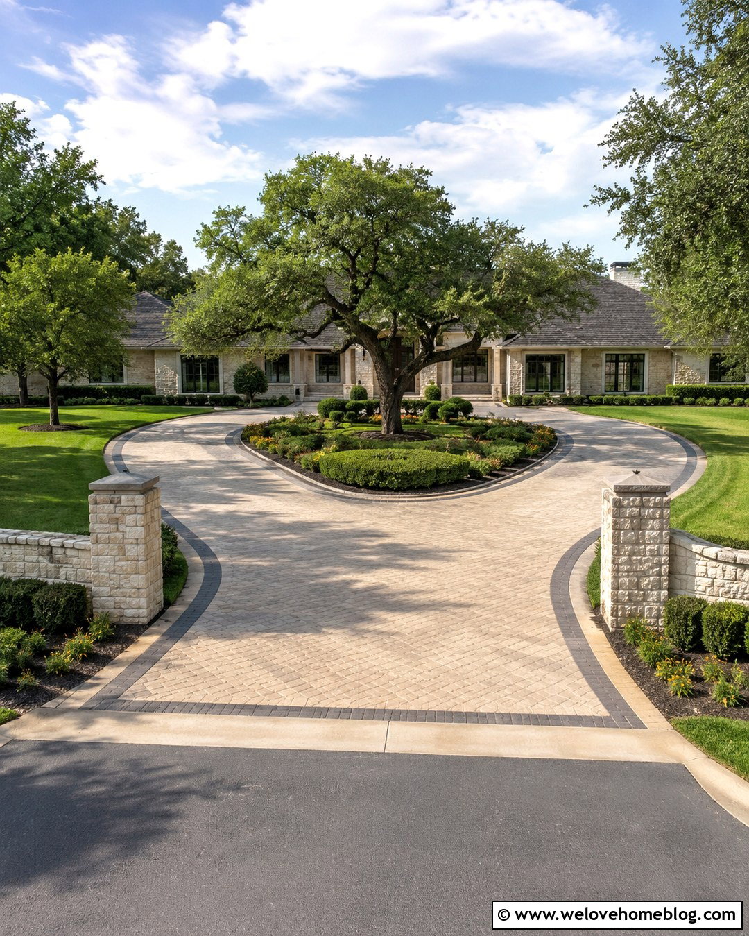 Rock Wall Entrance With Split Driveway - 20 Rock Wall Driveway Entrance Ideas