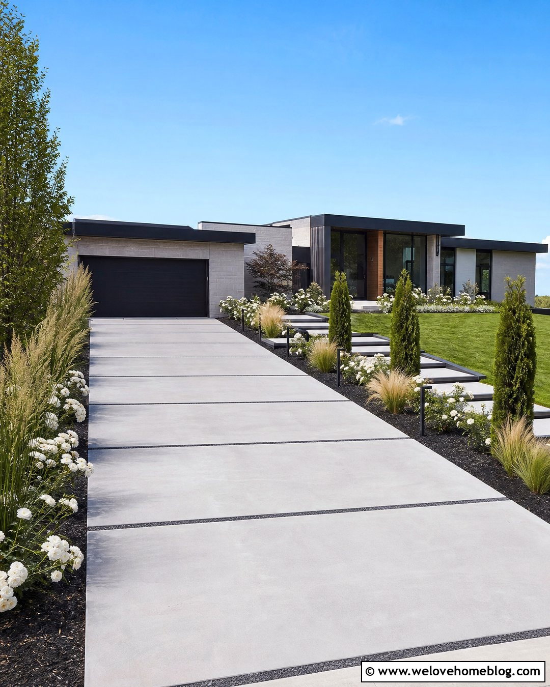 Roses And Ornamental Grass Along A Modern Driveway - 20 Roses Along Driveway Ideas