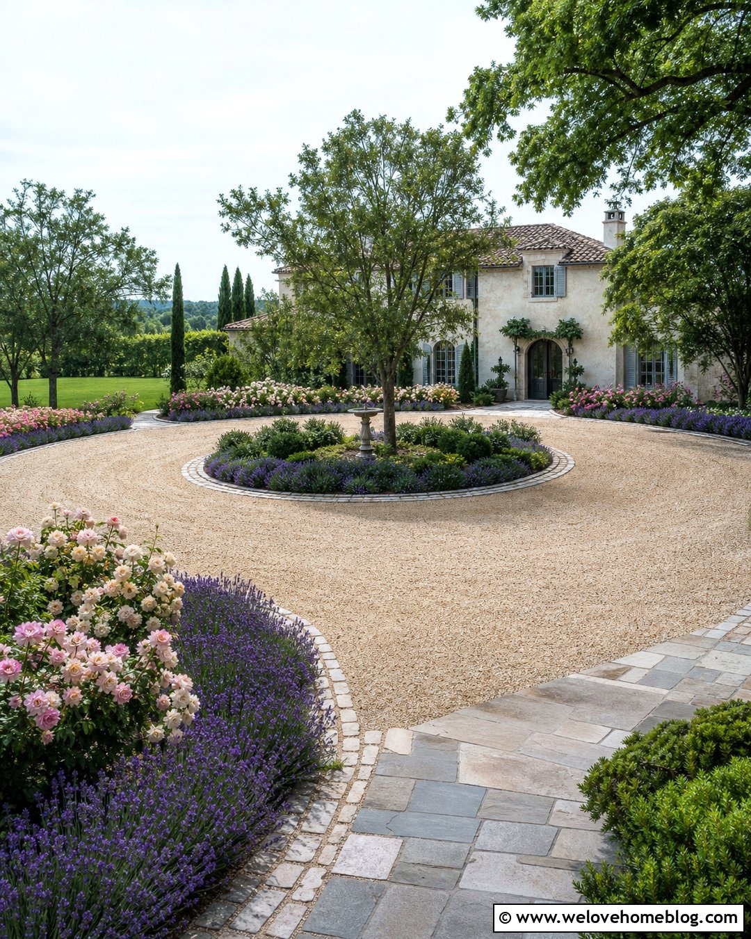 Roses and Lavender Along a Circular Gravel Driveway - 25 flowers along driveway ideas