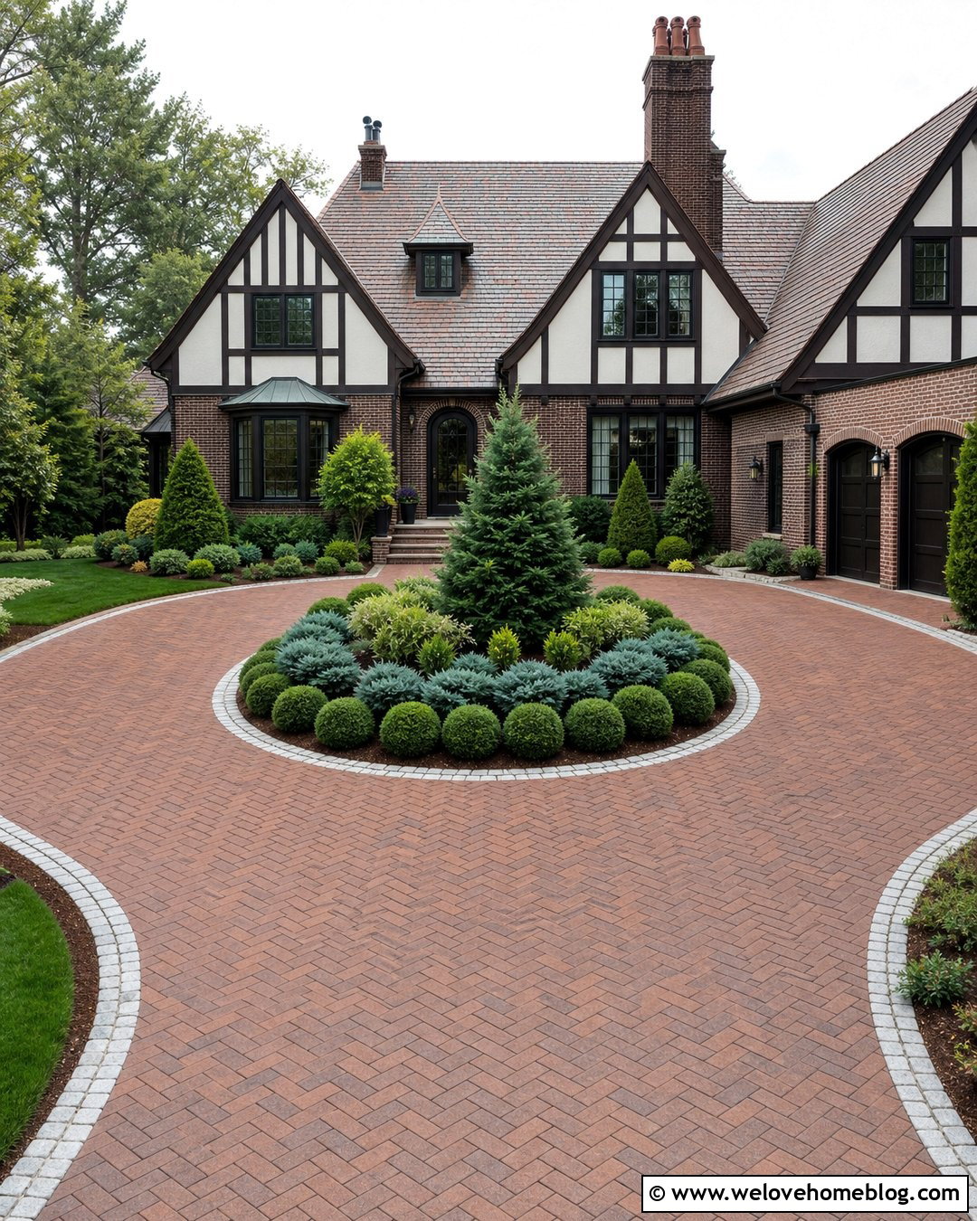 Round Driveway With Evergreen Center Island - 30 Round Driveway Ideas