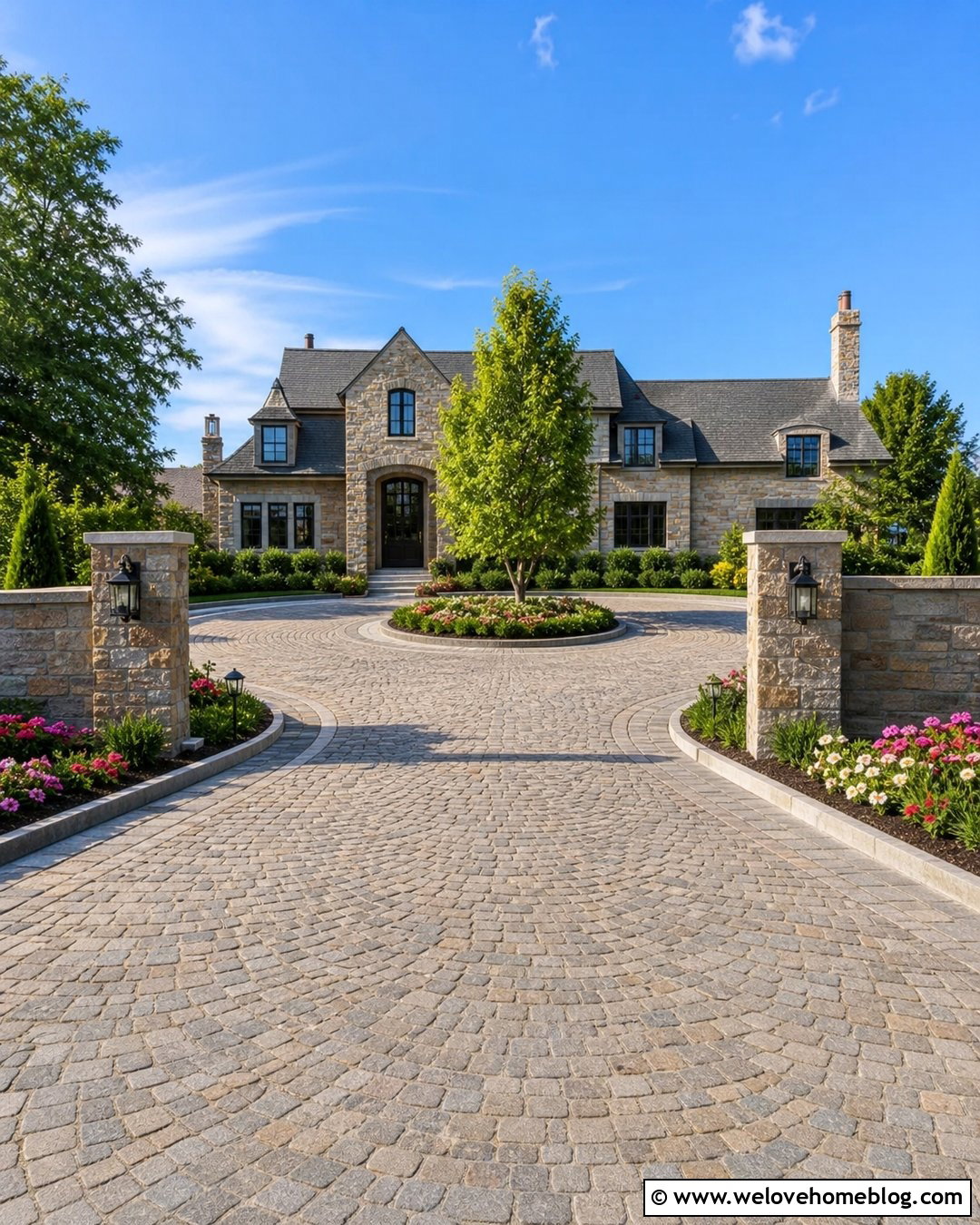 Roundabout Driveway With Entrance Pillars And Lighting - 20 roundabout driveway landscaping ideas