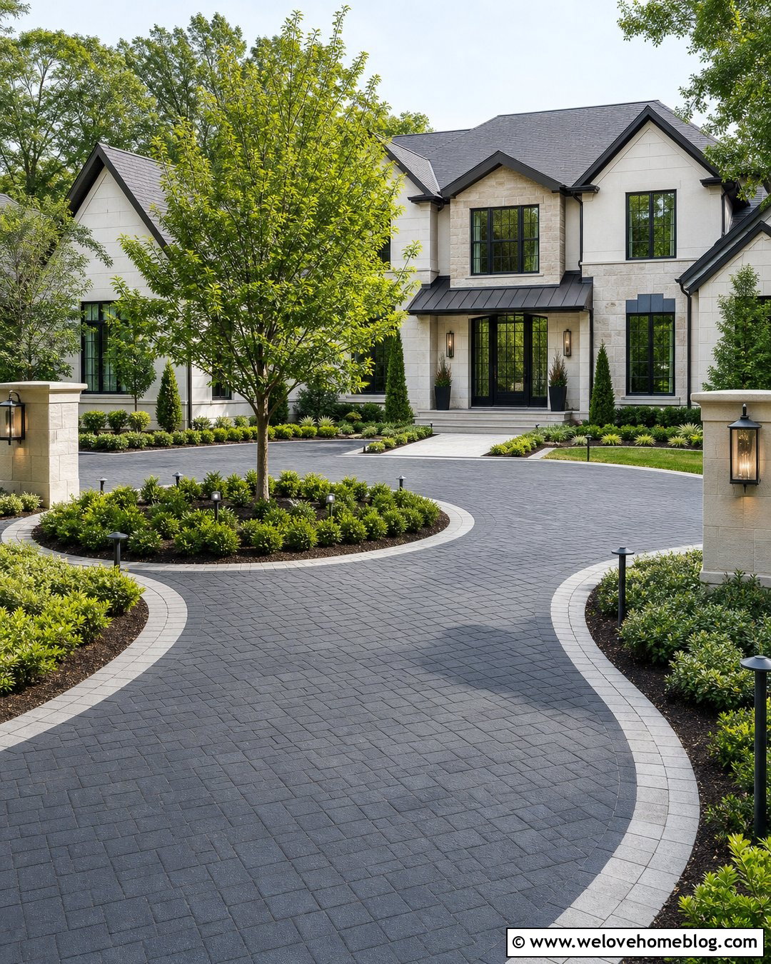 Roundabout Driveway With Landscape Lighting